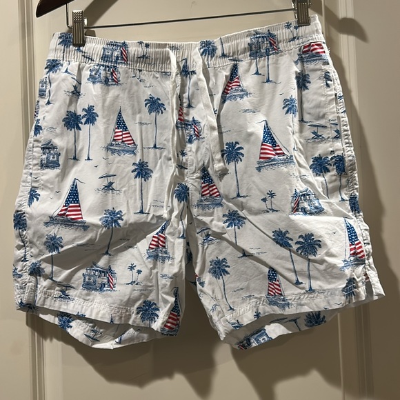NWOT FREE PLANET drawstring PullOn cotton American Flag tropical shorts size L - Picture 1 of 11